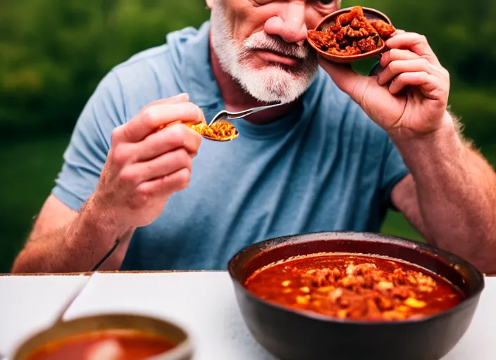 Prompt: photo of richard moll eating chili, 8 k, 8 5 mm f 5. 6