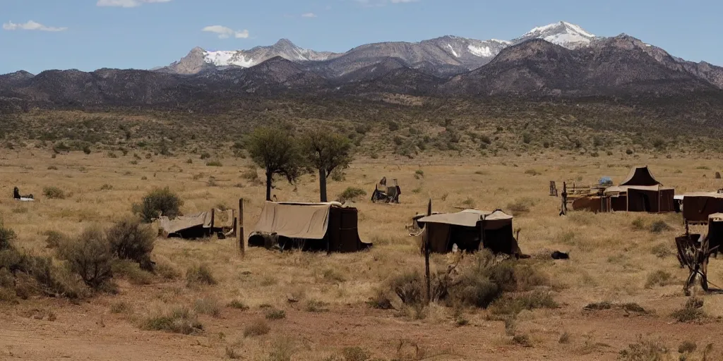 Image similar to a wild west scenery, camps in the background