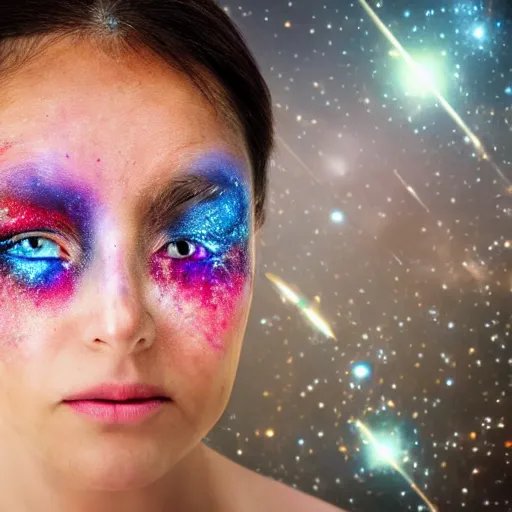 Image similar to close - up photo of woman's eyes filled with cosmic nebula, wonder, awe, dramatic