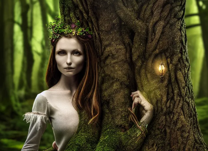 Prompt: a portrait of a real woman growing from a tree, in a magical forest. Fantasy magic horror style. Highly detailed 8k. Intricate. Nikon d850 55mm. Award winning photography.
