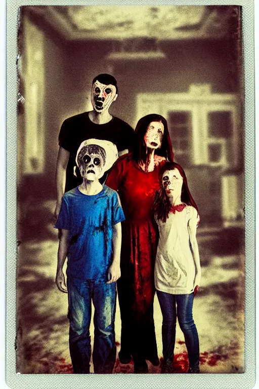 Image similar to an unsettling colored family photograph shot on polaroid, anxious people standing in a large haunted house, phantom ghosts in the background, cinematic, horror, photorealistic, vintage, artstation, painterly, expressive