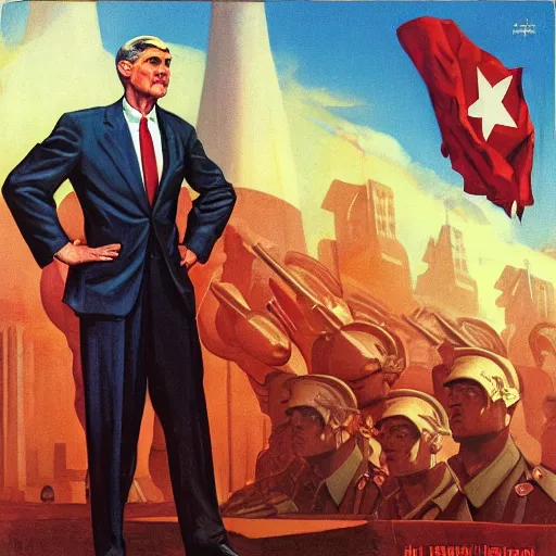 Image similar to propaganda poster of robert mueller standing in front of soviet flag by j. c. leyendecker, bosch, lisa frank, jon mcnaughton, and beksinski