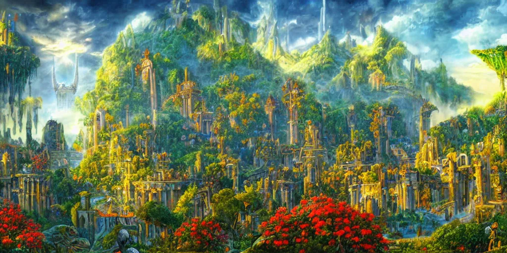 Prompt: fantasy oil painting, regale, fortress mega structure city, colossus of rhodes, atlantis, hybrid, looming, small buildings, warm lighting, overlooking, epic, lush plants flowers, rainforest mountains, bright clouds, luminous sky, outer worlds, cinematic lighting, michael cheval, michael whelan, oil painting, natural tpose