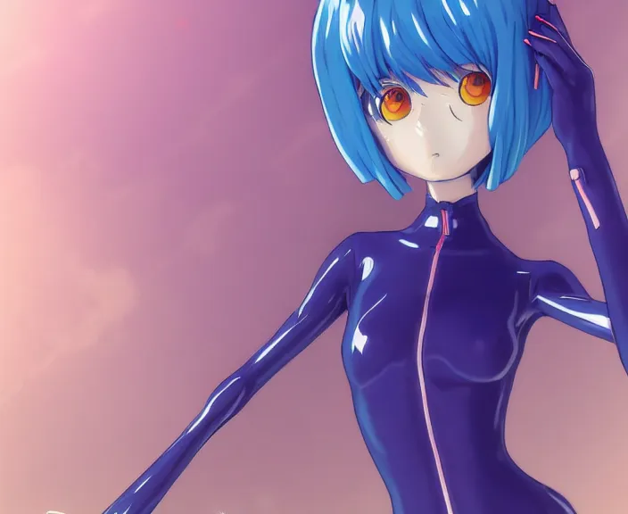 Image similar to anime art, fullbody shot of female rei ayanami, evangelion, long blue hair and large eyes, finely detailed perfect face, in a pale skintight plugsuit, sitting on rooftop, flooded city, trending on pixiv fanbox, by ilya kuvshinov, sola digital arts,, raytracing