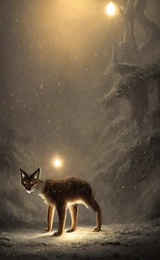 Image similar to cute fluffy caracal, a blurry ambient lantern in the distance of a snowy village at night, dynamic lighting, ambient lighting, atmospherical, photorealistic fantasy concept art, trending on art station, stunning visuals, creative, cinematic, ultra detailed