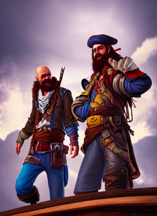 Image similar to an epic fantasy comic book style portrait painting of two bumbling idiot sky - pirates on the deck of a skyship looking at a chest, unreal 5, daz, hyperrealistic, octane render, cosplay, rpg portrait, dynamic lighting