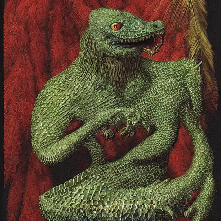 Image similar to close up portrait of an mutant monster creature with proud, reptilian allure, iridescent scales, dovish feathers, diaphanous fungic protuberances. jan van eyck, walton ford