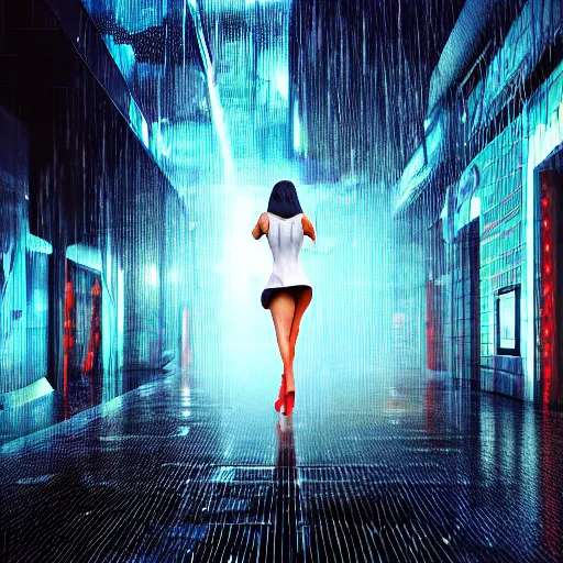 Prompt: hyperdetailed wide shot of a sexy girl wearing a micro skirt and white tank top getting soaked in the rain struggling to use a holographic interface on a wall in a future cyber punk style city trending on cgsociety