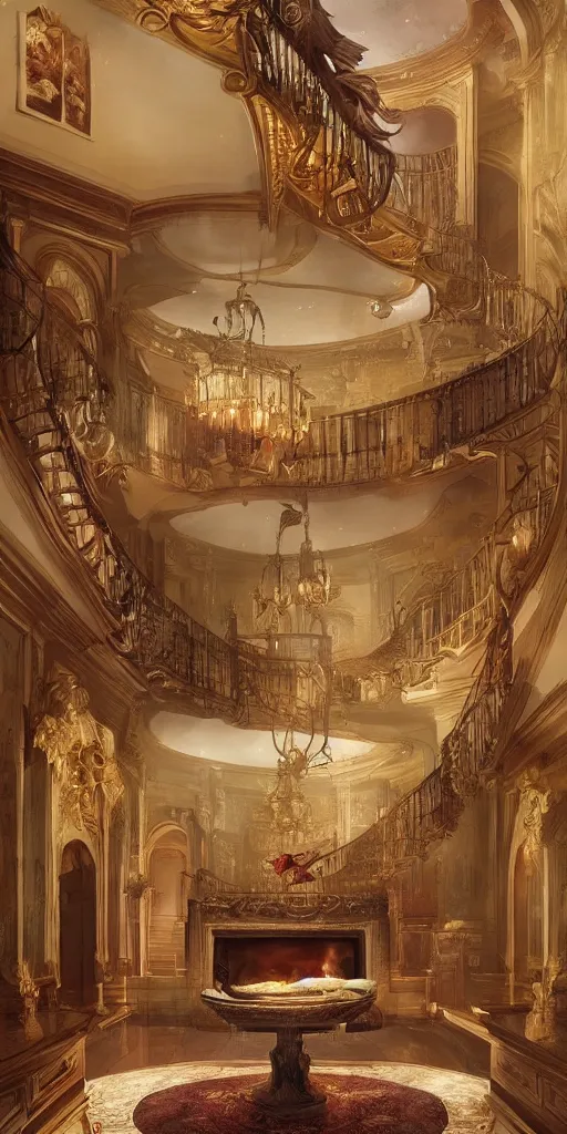 Image similar to photo of a stunning mansion lobby. cozy. fireplace. trending on artstation. cgsociety. art by greg rutkowski and moebius.