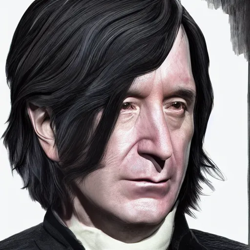 Prompt: A close up shot of Severus Snape, extra detailed, digital illustration, by Randy Bishop, digital painting, Matte painting, trending on artstation and unreal engine