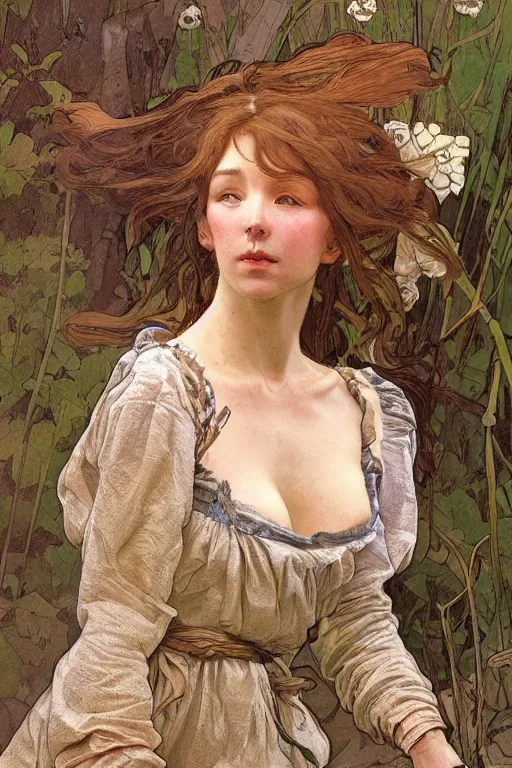 Image similar to beautiful natural coy cottagecore peasant maiden life drawing, intricate, elegant, highly detailed, digital painting, artstation, concept art, smooth, sharp focus, illustration, art alphonse mucha and james gurney and wlop