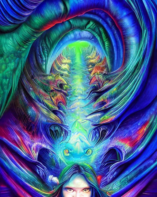 Image similar to blue and green rainbow fire, by antonio j. manzanedo, alex grey, android jones, wayne barlowe, philippe druillet, raymond swanland, cyril rolando, josephine wall, harumi hironaka, cronenburg, trending on artstation