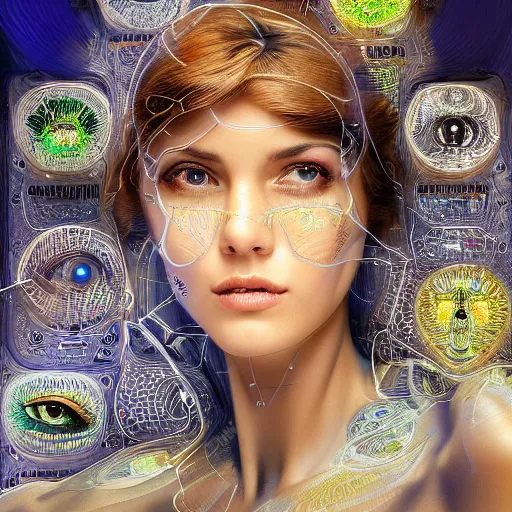 Image similar to one very beautiful woman integrating with technology, full face frontal centered, portrait, insipiring, detailed intricate ornate cables connected to head, big open electric eyes, luxurious detailed abundent wiring and implants, diamonds, sci-fi, neon, emeralds, detailed technology full background, highly detailed, artstation, Rene Lalique and Eddie Mendoza and Gil Elvgren