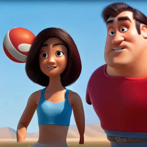 Image similar to young beautiful athletic Filipino woman with long hair and a handsome caucasian athletic man with buzzed hair, high widows peak, 5 o'clock shadow, both depicted as Pixar characters, high quality cg render