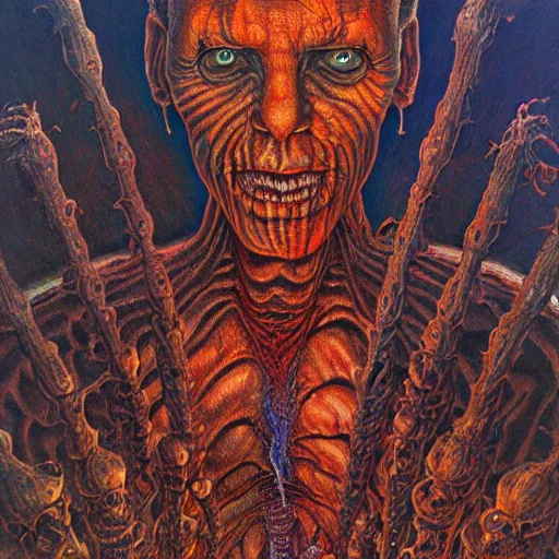 Image similar to a grand scale matte painting of a skinned man in hell by clive barker and alex grey and michael whelan