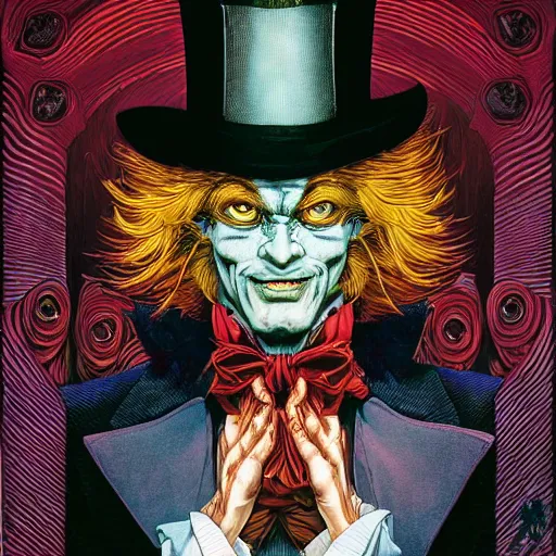 Image similar to portrait of the mad hatter, symmetrical, by yoichi hatakenaka, masamune shirow, josan gonzales and dan mumford, ayami kojima, takato yamamoto, barclay shaw, karol bak, yukito kishiro, beksinski