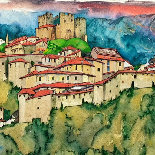 Prompt: the medieval montebello castle of bellinzona, painting by herman hesse, aerial view, vibrant watercolor painting, simplified shapes, similar to hesse cortivallo painting