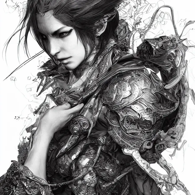 Image similar to the portrait of neutral evil fallen female dark knight vagabond as absurdly beautiful, gorgeous, elegant, sophisticated, woman, an ultrafine hyperdetailed illustration by kim jung gi, irakli nadar, intricate linework, bright colors, octopath traveler, final fantasy, unreal engine 5 highly rendered, global illumination, radiant light, detailed and intricate environment