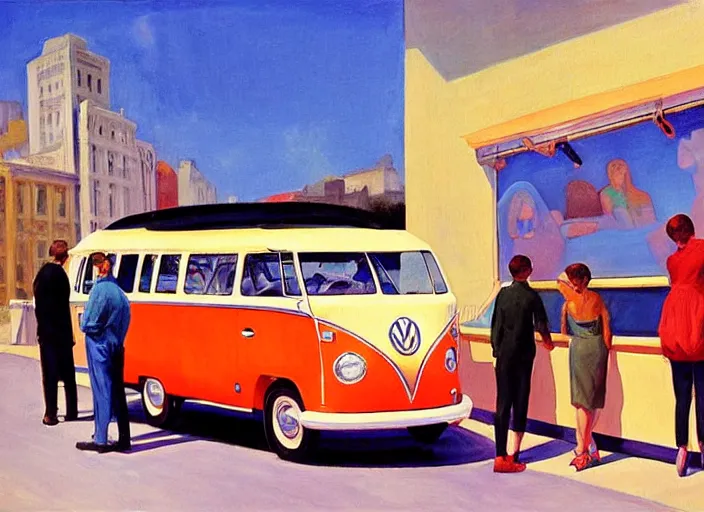 Image similar to detailed painting two young men and women in front of blue vw bus by edward hopper, bernardo bertolucci dreamers movie scene