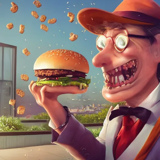 Image similar to !dream a mad scientist in his back yard laughing happily at the hamburgers which are falling from the sky , made by Stanley Artgerm Lau, WLOP, Rossdraws, ArtStation, CGSociety, concept art, cgsociety, octane render, trending on artstation, artstationHD, artstationHQ, unreal engine, 4k, 8k,