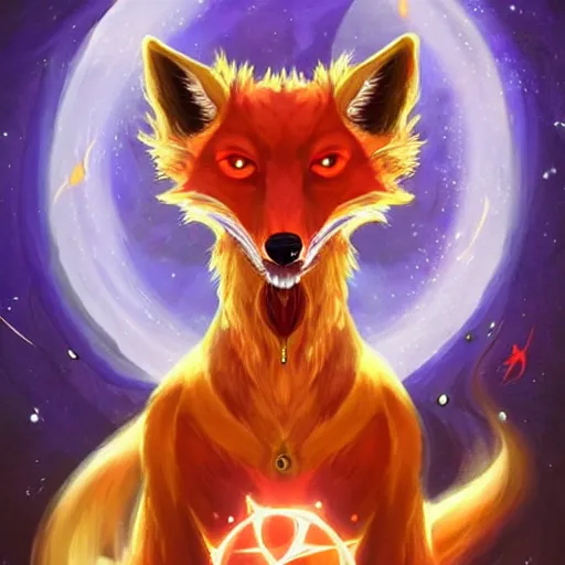 Image similar to a stylized portrait for an avatar of an awesome cosmic powerful anthropomorphic foxfolk mage themed around death and the stars and the cosmos, in the style of dnd beyond avatar portraits, beautiful, artistic, elegant, lens flare, magical, lens flare, nature, realism, stylized, art by jeff easley