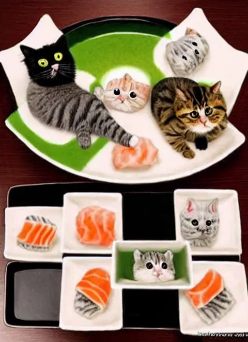 Image similar to clear photorealistic picture of adorable cats made out of sushi