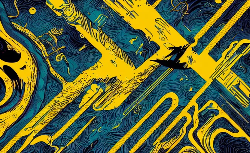 Image similar to dark ocean, complex patterns, yellow, artstation, intricate, realistic, highly detailed, digital painting, concept art, sharp focus, illustration by tom whalen and charles williams and kilian eng and james jean