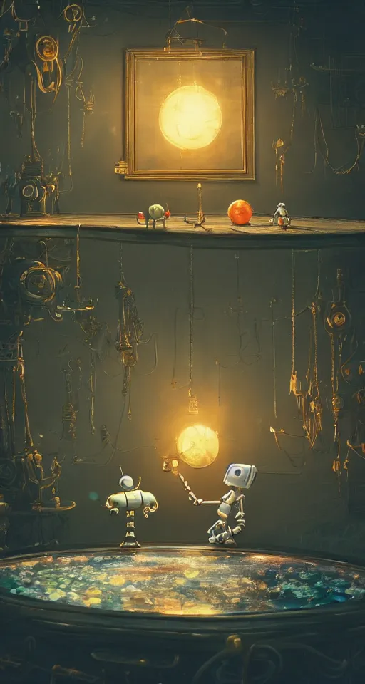 Prompt: a beautiful tapestry of a dream, a small robot playing a game, ultra detailed, reflective pool, atmospheric, steampunk, moody, candles, characters from machinarium, by don bluth, trending on artstation, octane render, 8 k, ultra realistic