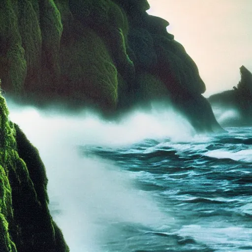 Prompt: dark and moody 1 9 7 0's artistic spaghetti western film in color, a woman in a giant billowy wide long flowing waving red dress, standing inside a green mossy irish rocky scenic landscape, crashing waves and sea foam, volumetric lighting, backlit, moody, atmospheric, fog