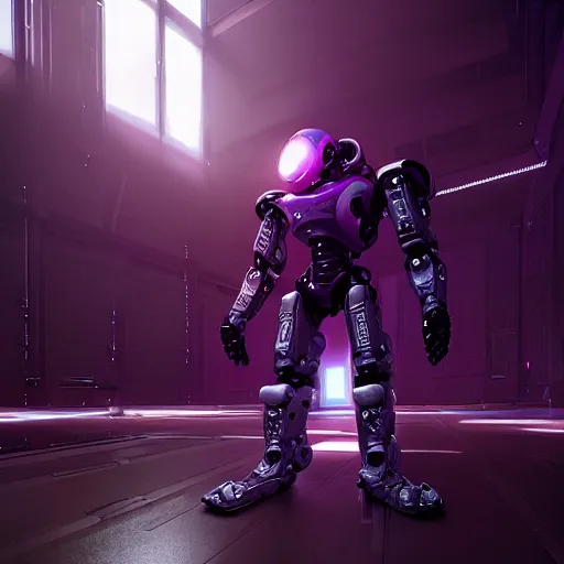 Image similar to hyperrealistic robot, futuristic, sci - fi, greg rutkowski, 3 d render, octane render, unreal engine, purple colors, dramatic lighting, epic composition