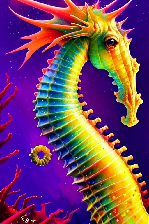 Prompt: highly detailed portrait of rainbow - colored seahorse, stephen bliss, unreal engine, fantasy art by greg rutkowski, rhads, ferdinand knab, makoto shinkai and lois van baarle, ilya kuvshinov, rossdraws, tom bagshaw, global illumination, radiant light, yellow blue theme, coral reef