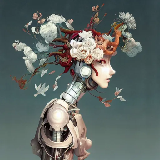 Image similar to surreal gouache painting, by yoshitaka amano, by ruan jia, by conrad roset, by good smile company, detailed anime 3 d render of a female mechanical android head with flowers growing out, portrait and white background, cgsociety, artstation, rococo mechanical costume and grand headpiece, dieselpunk atmosphere