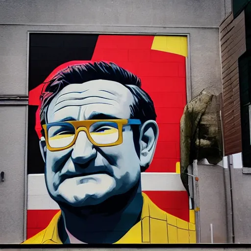 Prompt: robin williams characters street art mural by sachin teng x supreme : 1 high contrast, hard edges, matte painting, geometric shapes, disney, masterpiece : 1