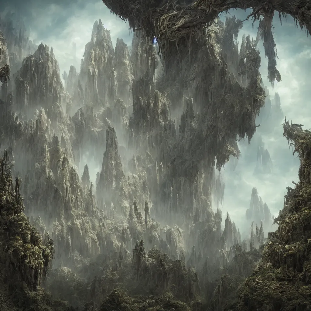 Prompt: a beautiful detailed matte painting of the most horror spiritual world with elevated monsters and high frequency beings, the forms are detailed but mutate in search of elevation and metaphysical transformation, 16K ultra-realistic 3D, unreal engine