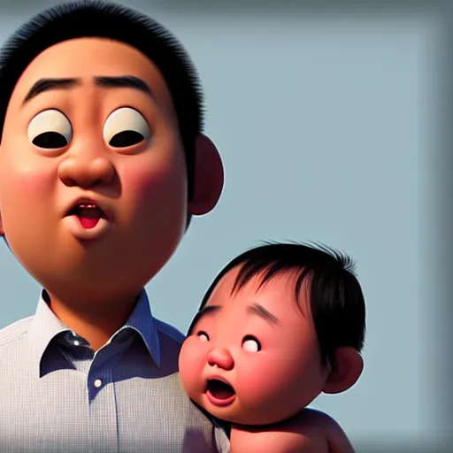 Image similar to shocked asian man cannot believe his eyes that he is holding a dark skinned chubby baby, award winning art, pixar, 3 d render, confusion, unreal engine