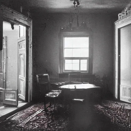 Prompt: Full view of a wide and very dark parlor that is dimly lit by a morning sunbeam coming through a window, dust glints in the air, plain gray walls have slightly cracked with time, a single photo with a broken frame hangs crooked on the wall, a small tattered Persian rug with muted colors is on the floor, a child\'s dull red wagon is in the corner of the room filled with old books, a ceiling fan with an old draw string, cinematic, vignette, ultrarealistic, super high resolution, photograph, still, serene, low energy, 4K, lighting study