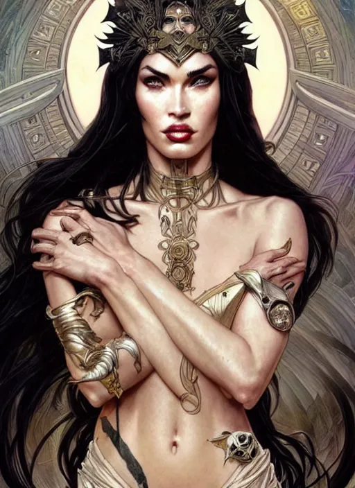 Image similar to megan fox as the goddess of chaos!! intricate elegant, highly detailed, digital painting, artstation, concept art, smooth, sharp focus, illustration, art by ( ( ( artgerm ) ) ) and greg rutkowski! and ( ( alphonse mucha ) ), heavily influenced by frank frazetta and boris vallejo