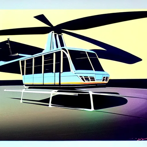 Image similar to concept art for bus + helicopter, painted by syd mead, high quality