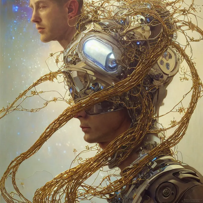 Image similar to hyperrealist portrait of a 2 0 4 4 space sport ironman, it is decorated with long gold wires and white flowers that fall like vines and wears a huge computer crown. by jeremy mann and alphonse mucha, fantasy art, photo realistic, dynamic lighting, artstation, poster, volumetric lighting, dramatic light, very detailed faces, 8 k, award winning