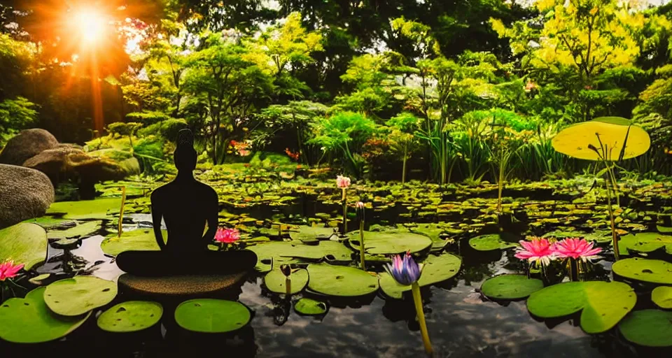 Image similar to ant view of a zen master symmetrical body, clothed in a beautiful kimono quietly sitting in a rock garden overlooking a pond of lilly pads during a sublime sunset, one sun, his dark silhouette completely obscured by bokeh, colorful masterpiece photography,