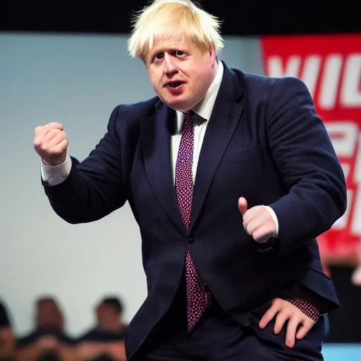 Image similar to boris johnson as an angry muscular wwe wrestler wearing a cap hat. he is looking closely at his fingers