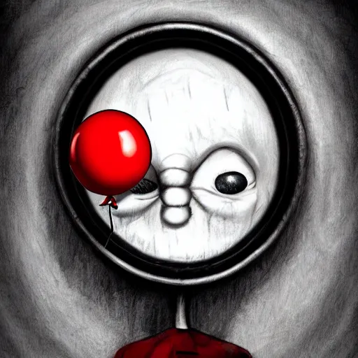 Prompt: surrealism grunge cartoon portrait sketch of a circular monster with a wide smile and a red balloon by - michael karcz, loony toons style, slender man style, horror theme, detailed, elegant, intricate