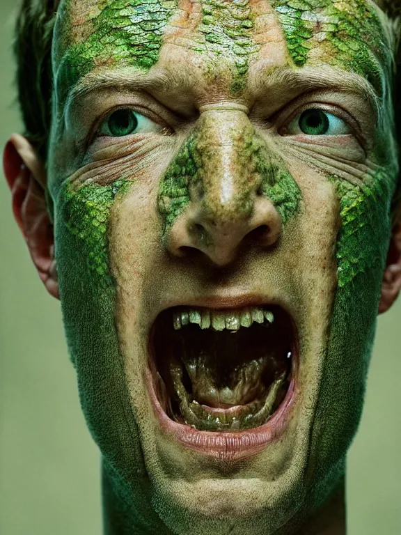 Prompt: portrait of a mark zuckerberg, skin peeling to reveal green! scales!, forked snake tongue sticking out, art by ryo shiotani and greg rutkowski, intricate, beautiful, portrait photography cinematic lighting, vintage art by serge ivanoff, high resolution, very detailed