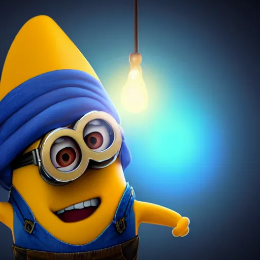 Image similar to handsome minion wearing a blue wizard robe and hat pondering a glowing orb