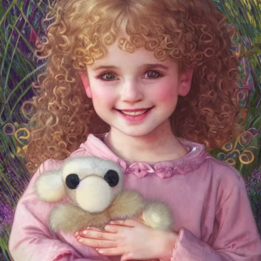 Prompt: a beautiful smiling little [[[[[[[blonde toddler]]]]]]] girl with short loosely curly hair, at the park on a beautiful day, holding a round all-pink stuffed penguin, by Artgerm, Mucha Klimt, Hiroshi Yoshida and Craig Mullins, featured on Artstation, CGSociety, Behance HD, Deviantart