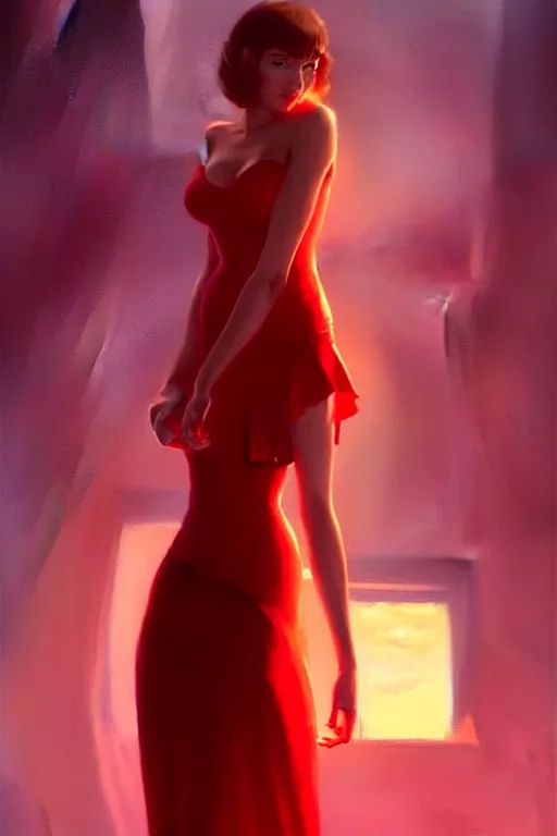 Image similar to dreamy girl character with perfect body in a nice red dress, magic vibe, perfect lighting. professional design. great composition, illustration, highly detailed, digital painting, concept art, trending on artstation, by greg rutkowski, james ensor, artwork