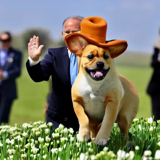 Prompt: A puppy riding a four-footed garlic bread, as it frolicks across a green field. Joe Biden waves hello, tipping his fedora