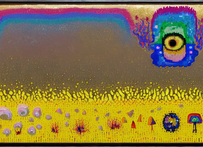 Image similar to expressionistic pixelated decollage painting golden armor alien zombie horseman riding on a crystal bone dragon broken rainbow diamond maggot horse in a blossoming meadow full of colorful mushrooms and golden foil toad blobs in a golden sunset, distant forest horizon, painted by Mark Rothko, Helen Frankenthaler, Danny Fox and Hilma af Klint, graffiti buff, pixel mosaic, semiabstract, color field painting, byzantine art, pop art look, naive, outsider art, very coherent symmetrical artwork. Bekinski painting, part by Philip Guston and Adrian Ghenie, art by George Condo, 8k, extreme detail, intricate detail, masterpiece