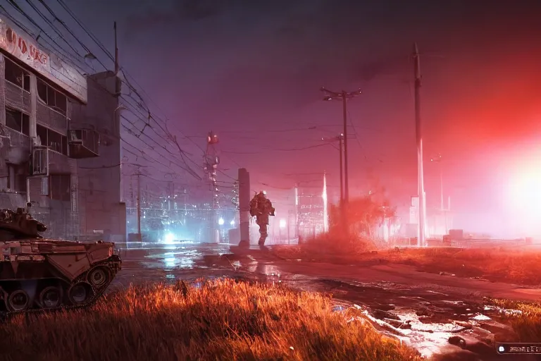Prompt: soldier battlefield 4 by simon stalenhag and robbert sammelin and eric persson, in - game screenshot, battlefield 4, 4 k, hd wallpaper, hdr, tonemapping, detailed, atmospheric, global illumination, majestical lighting, saturated, wet, ray tracing, anamorphic lens, chromatic aberration, vivid pastel color scheme, lens flare