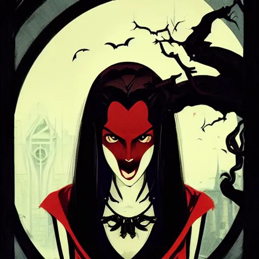 Prompt: beautiful vampire queen with fangs, symmetrical face, evil, portrait, cinematic, dramatic, powerful, super detailed and intricate, by koson ohara, by darwyn cooke, by greg rutkowski, by satoshi kon